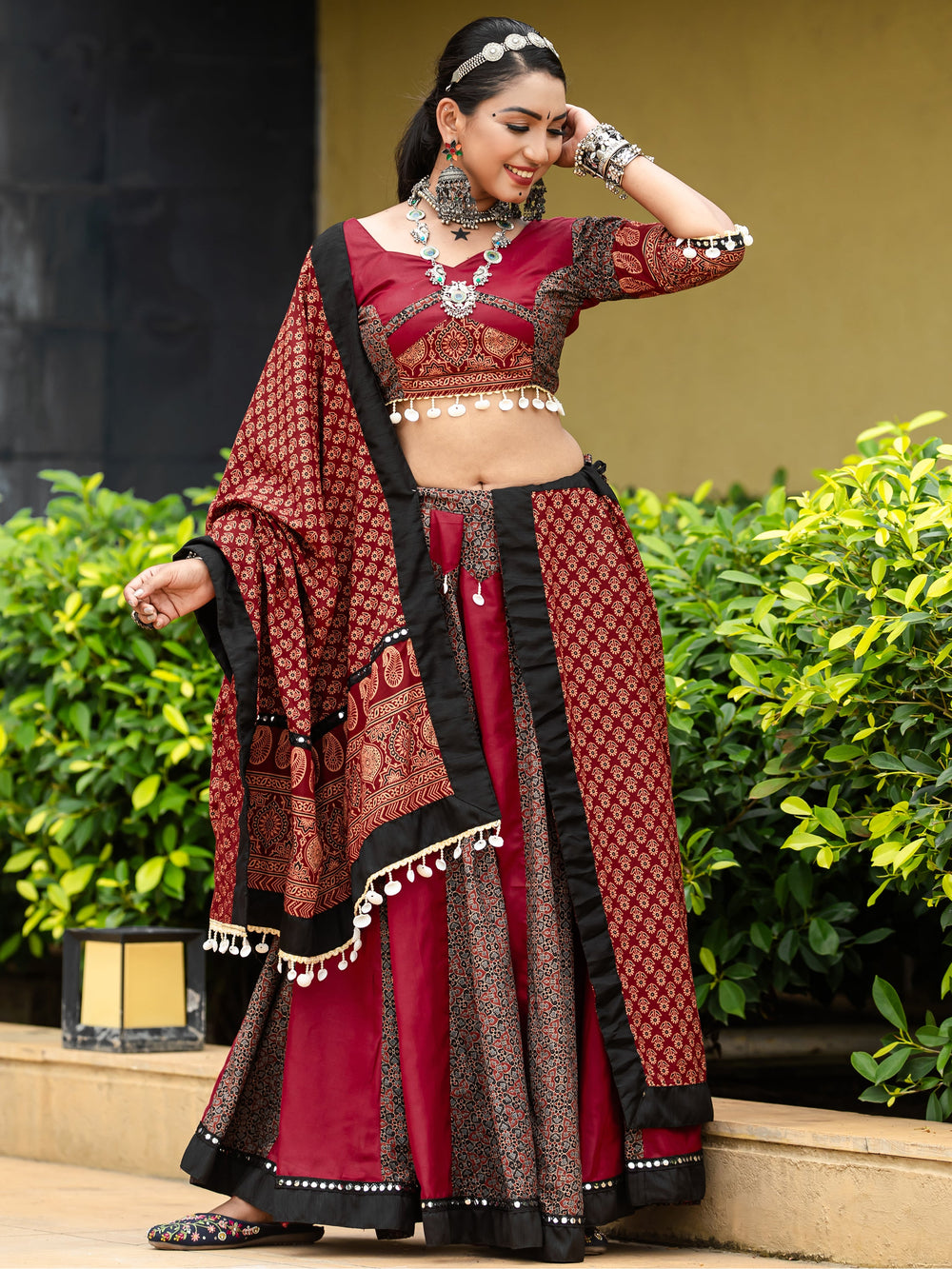 Dazzling Maroon Printed Cotton Navratri Lehenga Choli With Dupatta