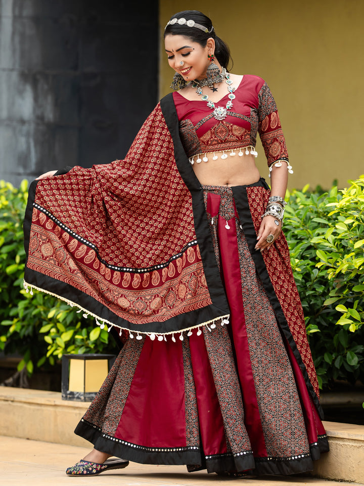 Dazzling Maroon Printed Cotton Navratri Lehenga Choli With Dupatta