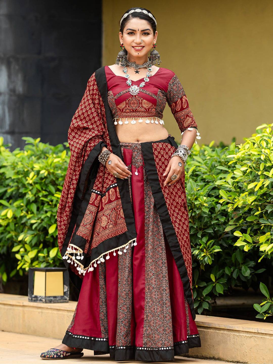 Dazzling Maroon Printed Cotton Navratri Lehenga Choli With Dupatta