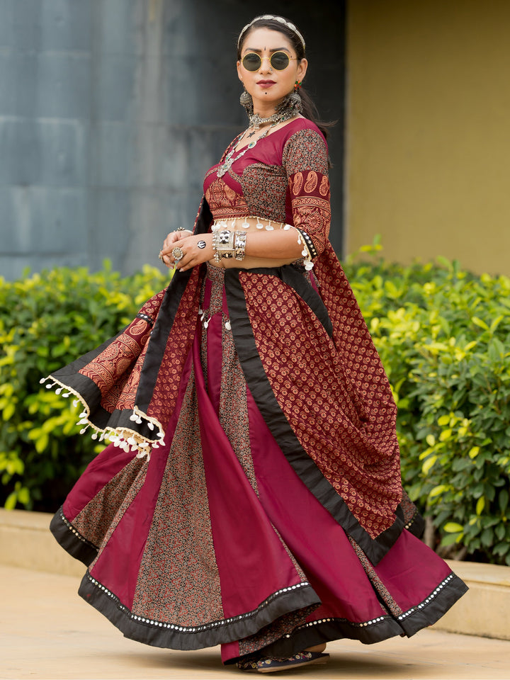 Dazzling Maroon Printed Cotton Navratri Lehenga Choli With Dupatta