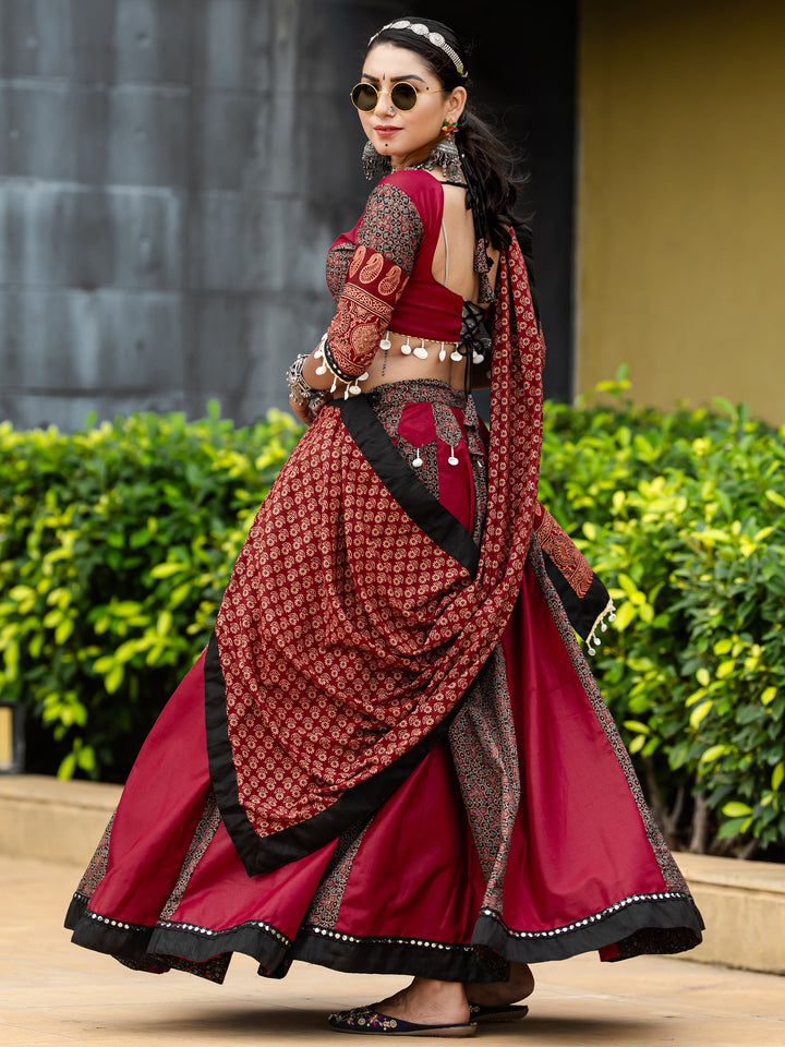 Dazzling Maroon Printed Cotton Navratri Lehenga Choli With Dupatta