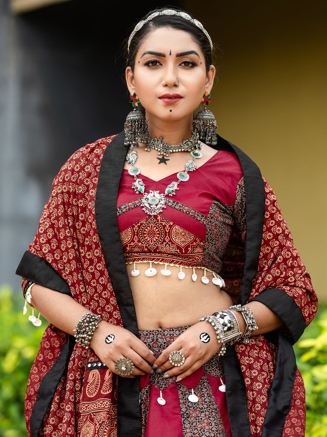 Dazzling Maroon Printed Cotton Navratri Lehenga Choli With Dupatta