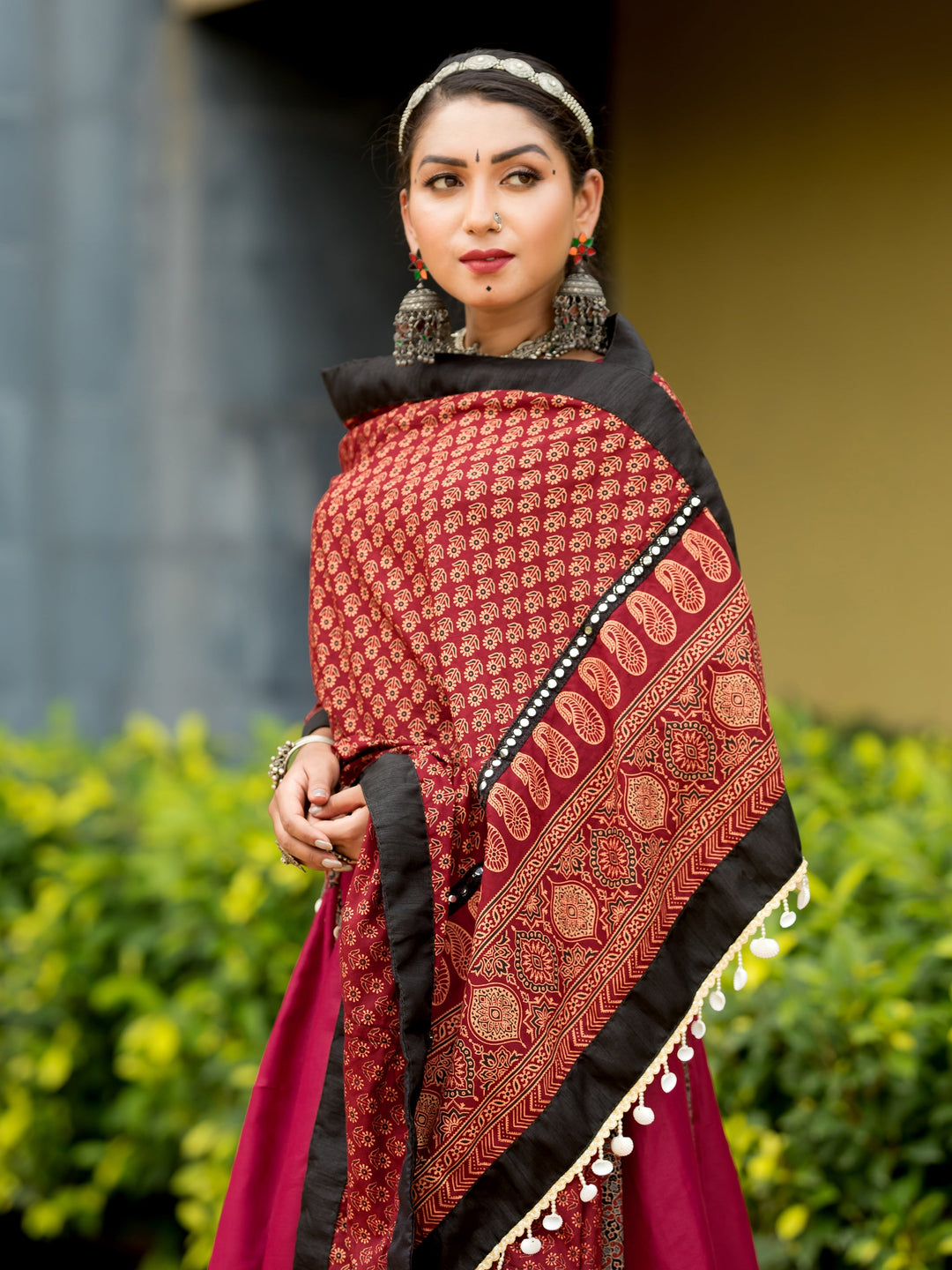 Dazzling Maroon Printed Cotton Navratri Lehenga Choli With Dupatta