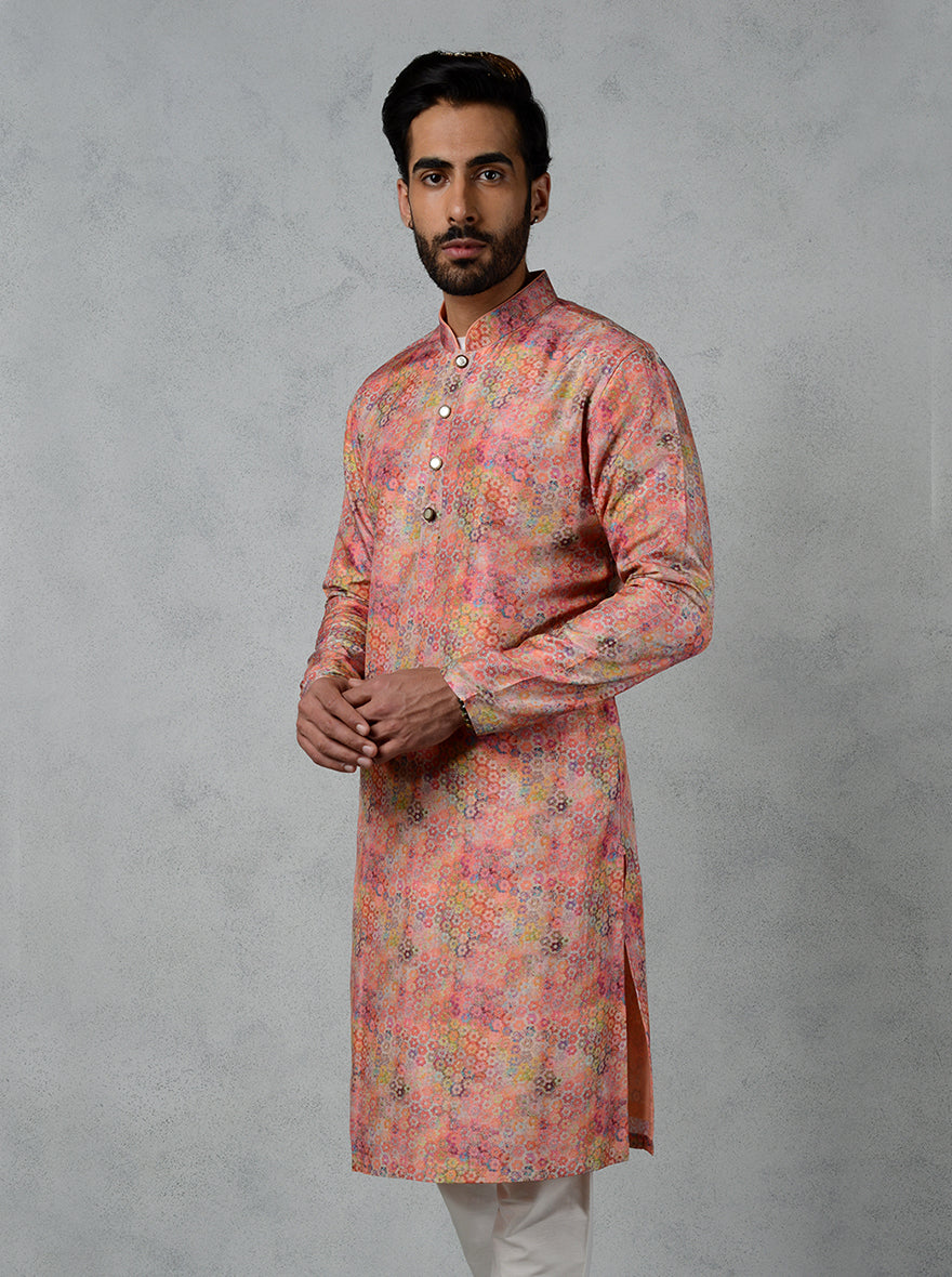 Luxurious pink kurta set, featuring pearl buttons, crafted for USA festivals.