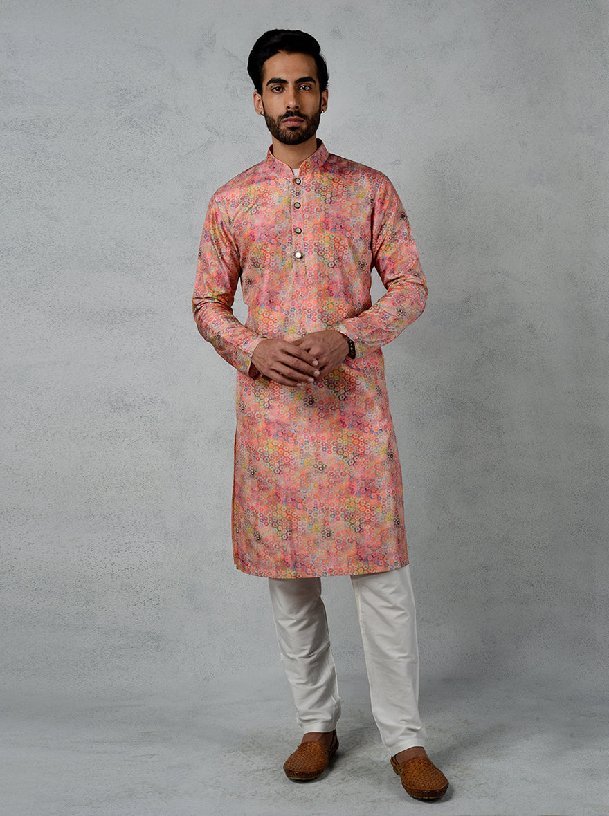 Embroidered pink kurta with pearl buttons, a stylish USA men’s choice.