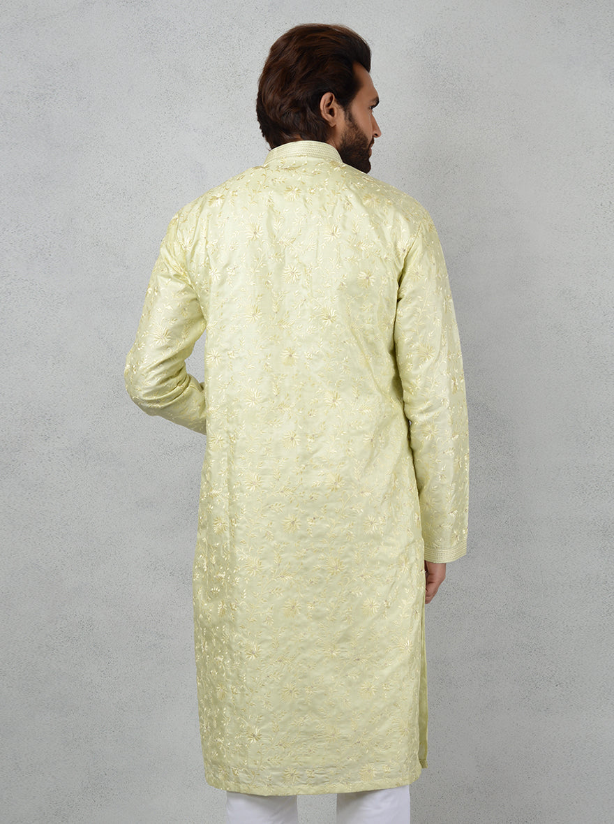 Elevate your ethnic style with this chic Pista Green Silk Blend Kurta Set for men.