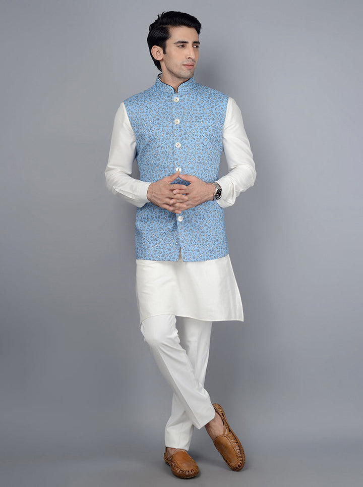 Refreshing sky blue Bandhgala jacket, perfect for adding a touch of elegance to your ethnic wardrobe.