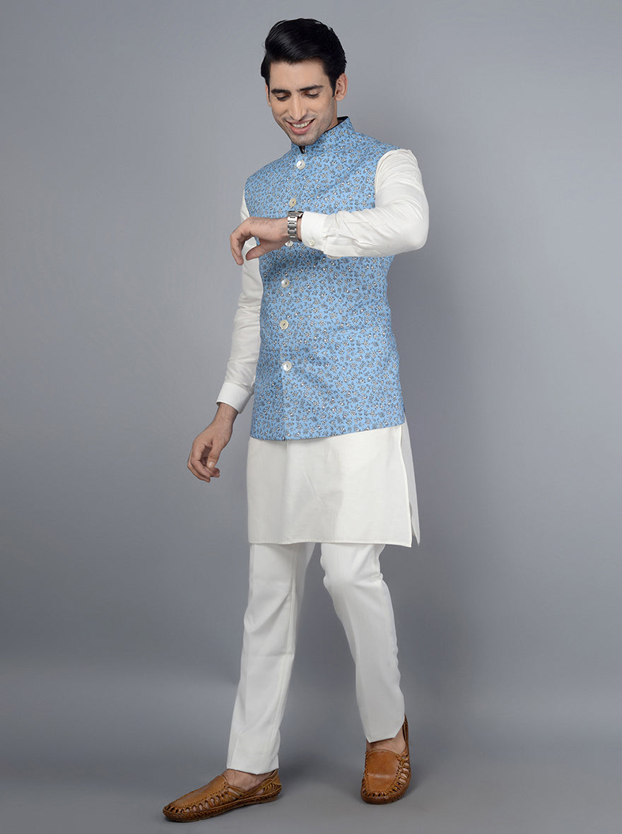 Modern sky blue Bandhgala jacket crafted from linen, ideal for weddings and special occasions.