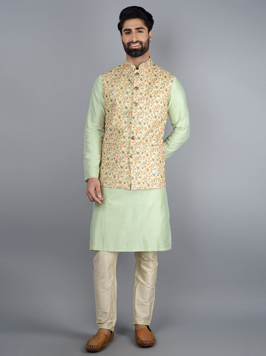 Pista green bandhgala jacket crafted from premium silk blend fabric with a trendy abstract print, ideal for traditional and special occasions.