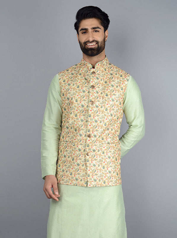 Pista green bandhgala jacket made from premium silk blend fabric with unique abstract print, perfect for greh Shanti pooja and special occasions.