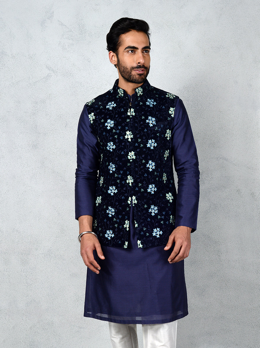 Stunning Navy Blue Bandhgala jacket with rich fabric and floral embroidery, ideal for any special occasion.