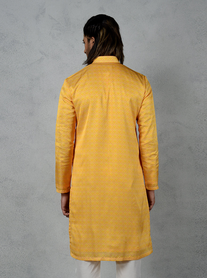 Men’s yellow kurta pajama with gold buttons, designed for USA cultural events.