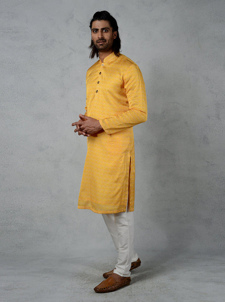 Elegant yellow gazi silk kurta for USA festive gatherings and special occasions.