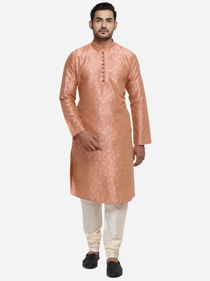 Elevate your ethnic wardrobe with our peach kurta set, ideal for festive celebrations.