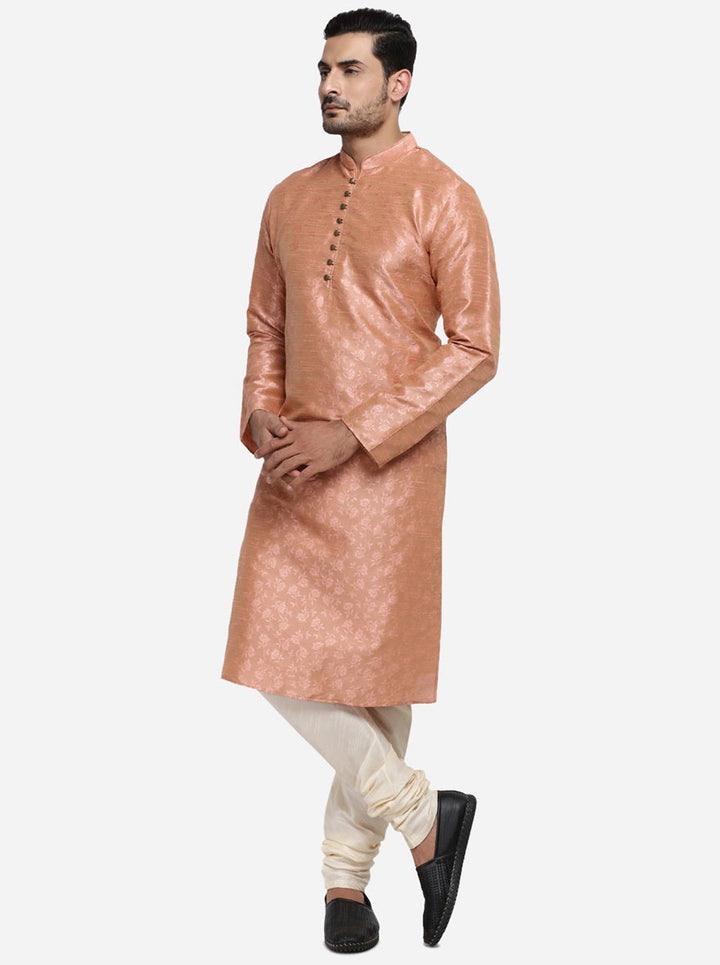 Stylish peach kurta set designed for modern men who appreciate casual elegance.