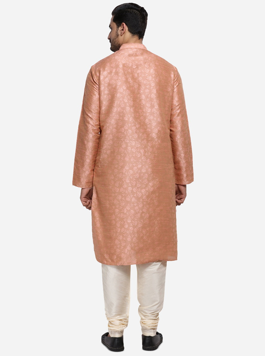 Comfortable and trendy, this peach kurta set is a must-have for any man's collection.