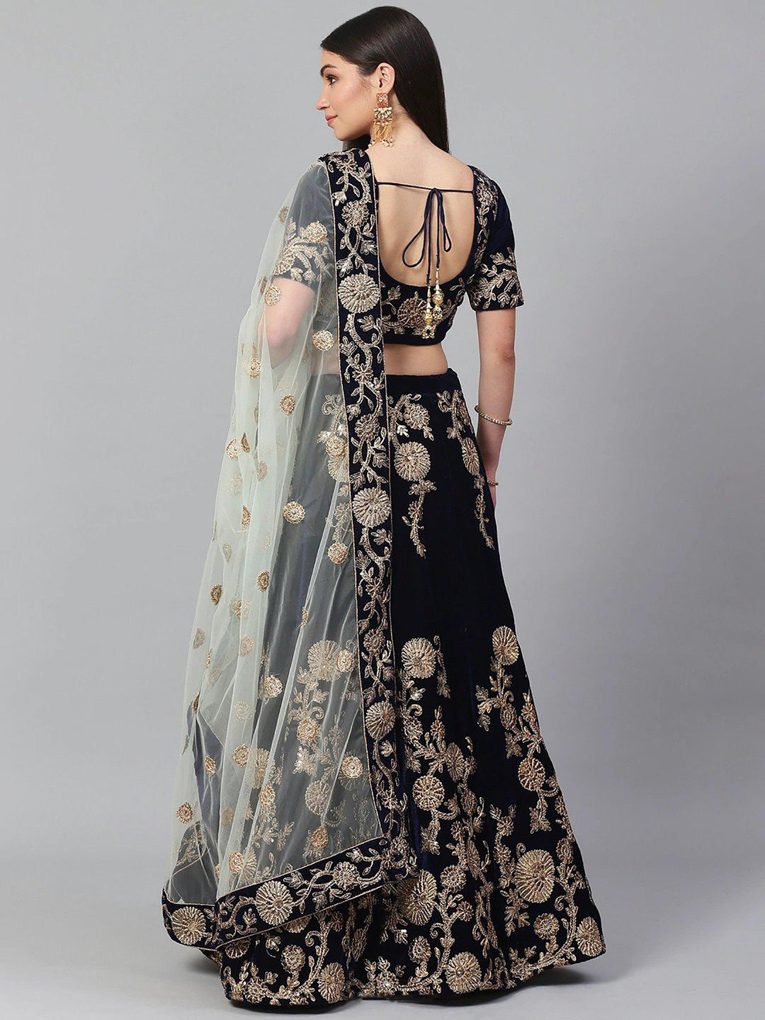 Stunning Navy Blue Party Wear Lehenga | Embroidered Velvet Choli