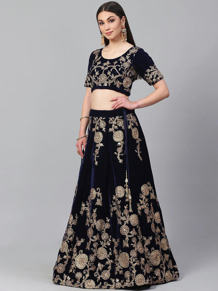 Stunning Navy Blue Party Wear Lehenga | Embroidered Velvet Choli