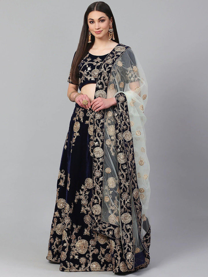 Stunning Navy Blue Party Wear Lehenga | Embroidered Velvet Choli