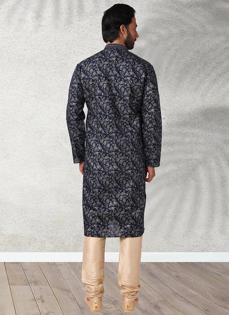 Navy Blue Designer Cotton  Kurta Pajama | Perfect for Grand Celebrations & Traditional Gatherings