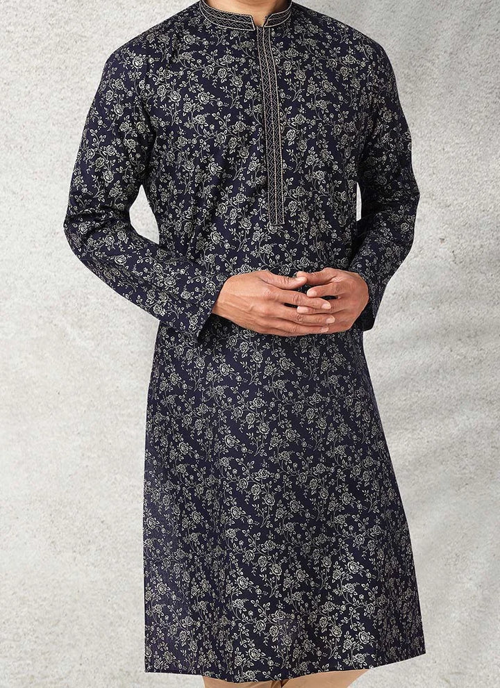 Navy Blue Designer Cotton  Kurta Pajama | Perfect for Grand Celebrations & Traditional Gatherings