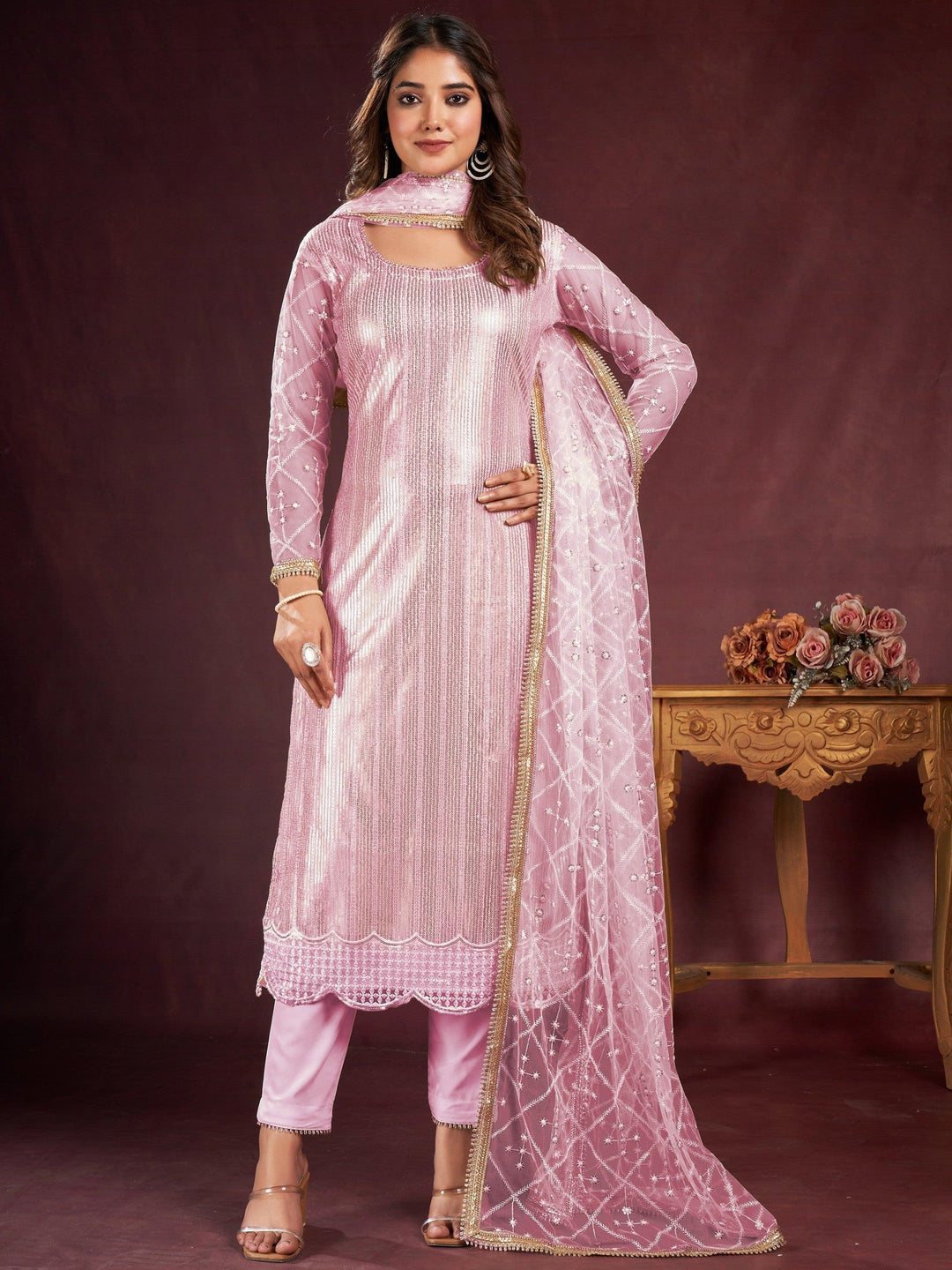 Pink Sequins Net Pant Suit | Designer Salwar Set for Special Occasions