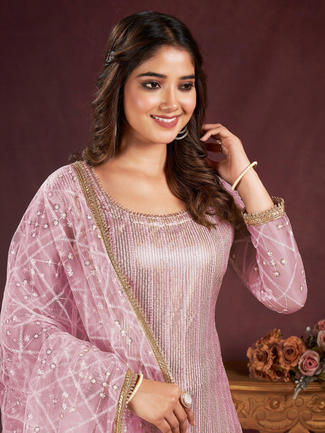 Pink Sequins Net Pant Suit | Designer Salwar Set for Special Occasions