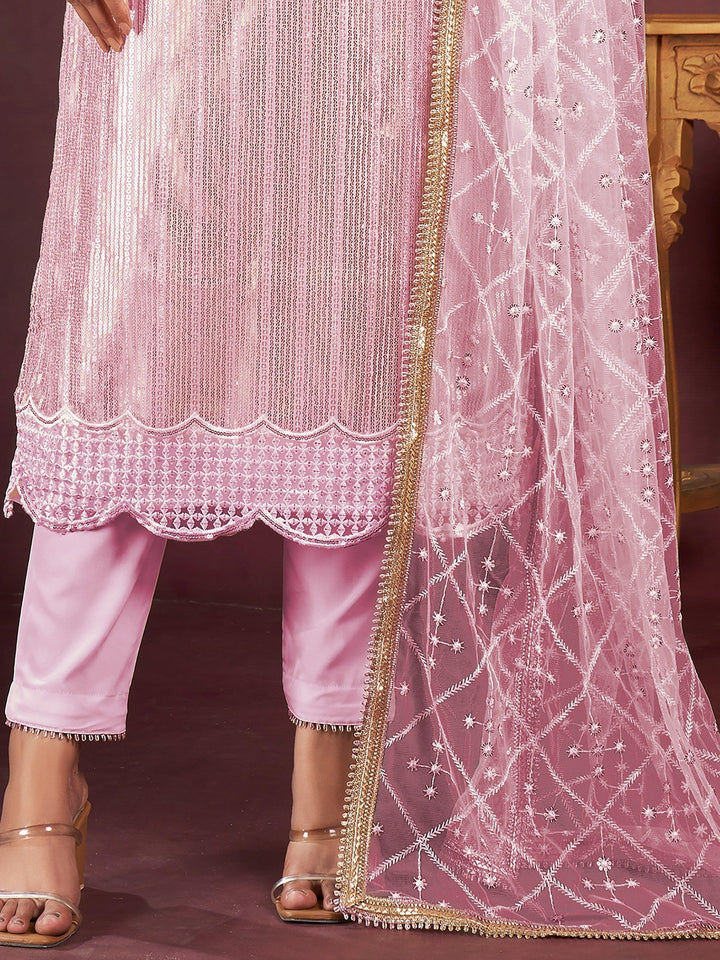 Pink Sequins Net Pant Suit | Designer Salwar Set for Special Occasions