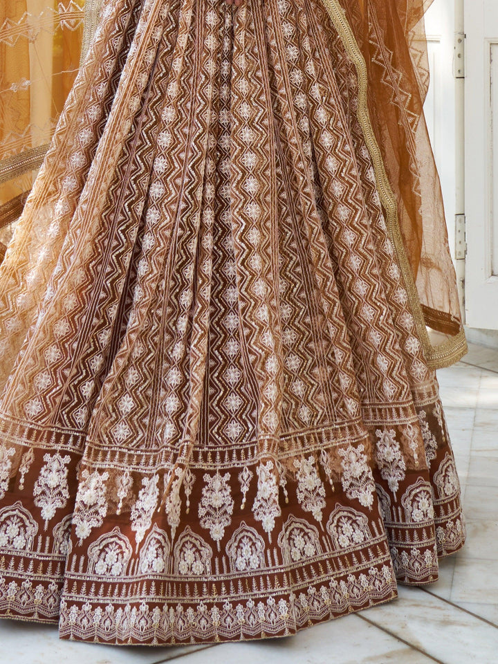 Brown Net Lehenga Choli | Embroidered Lehenga with Lace & Thread Work