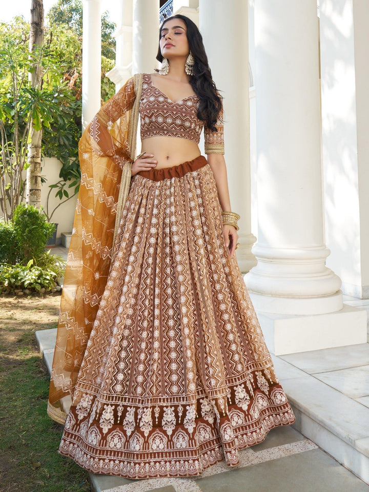 Brown Net Lehenga Choli | Embroidered Lehenga with Lace & Thread Work