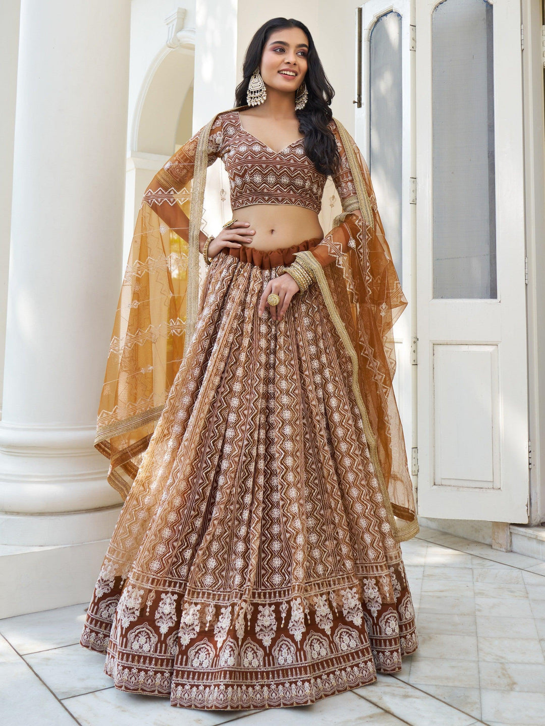 Brown Net Lehenga Choli | Embroidered Lehenga with Lace & Thread Work