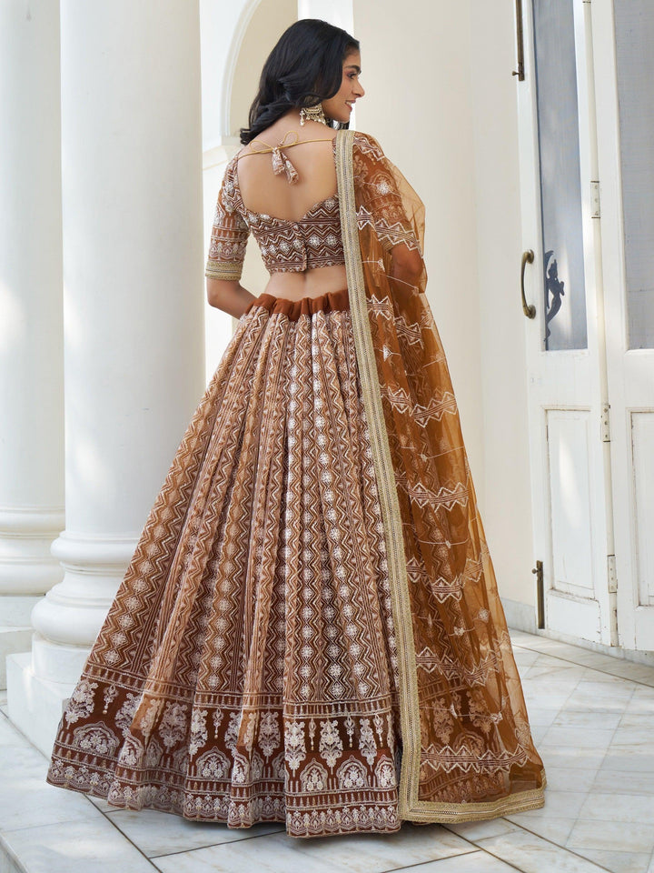 Brown Net Lehenga Choli | Embroidered Lehenga with Lace & Thread Work