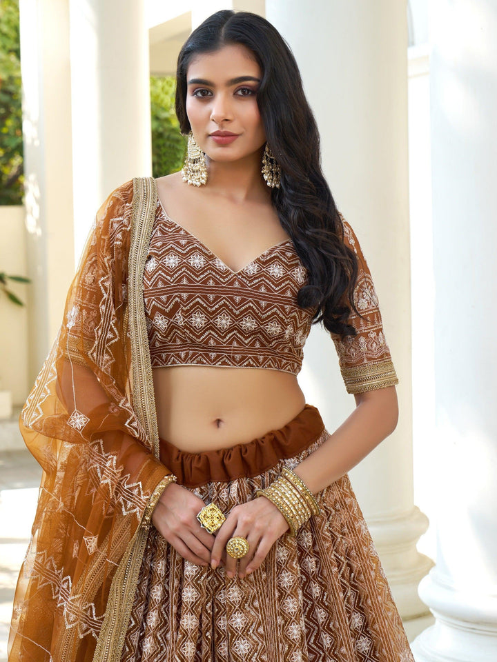 Brown Net Lehenga Choli | Embroidered Lehenga with Lace & Thread Work