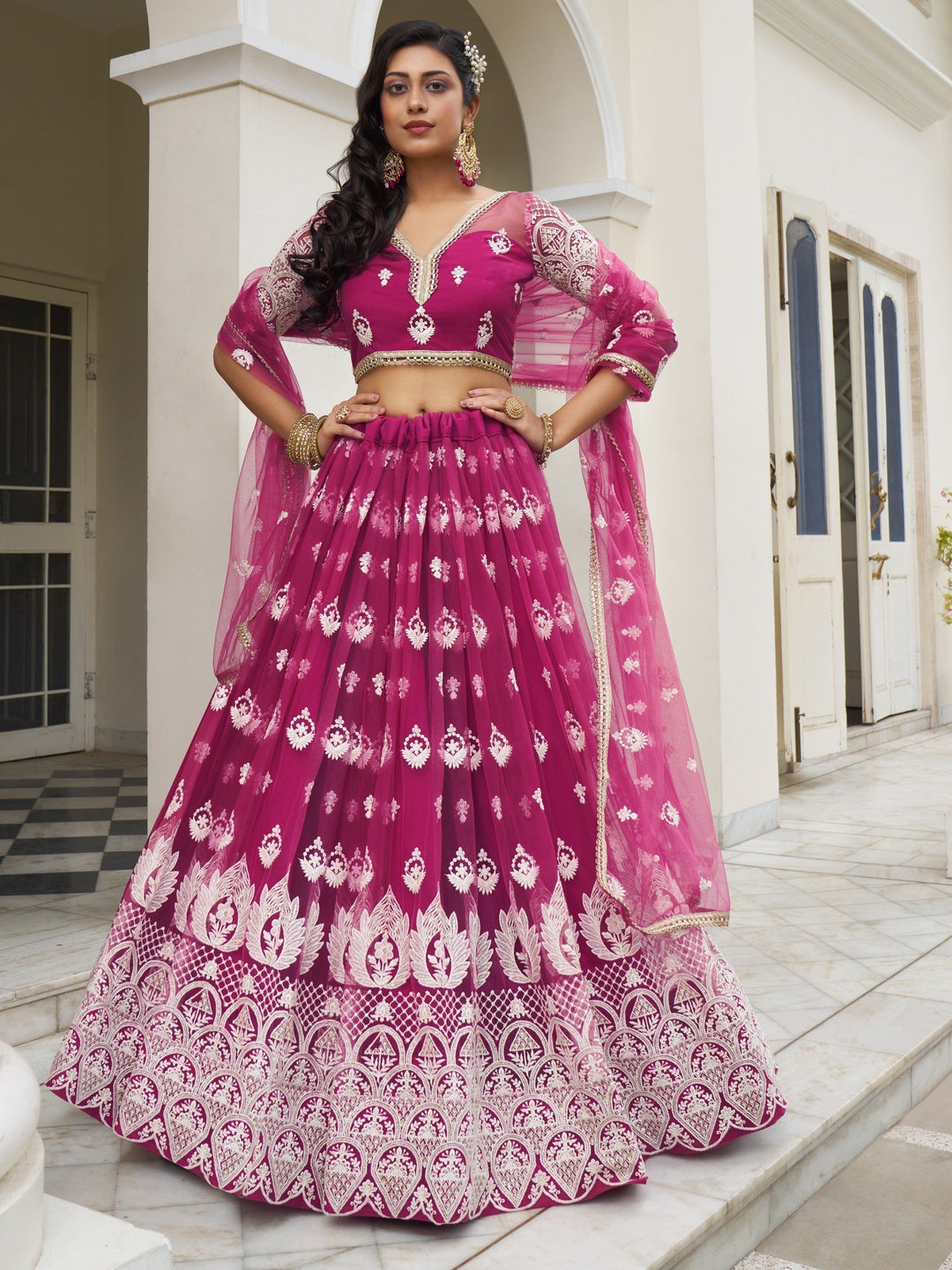 Wedding Rani Pink Lehenga | Net Lehenga with Thread & Sequin Work