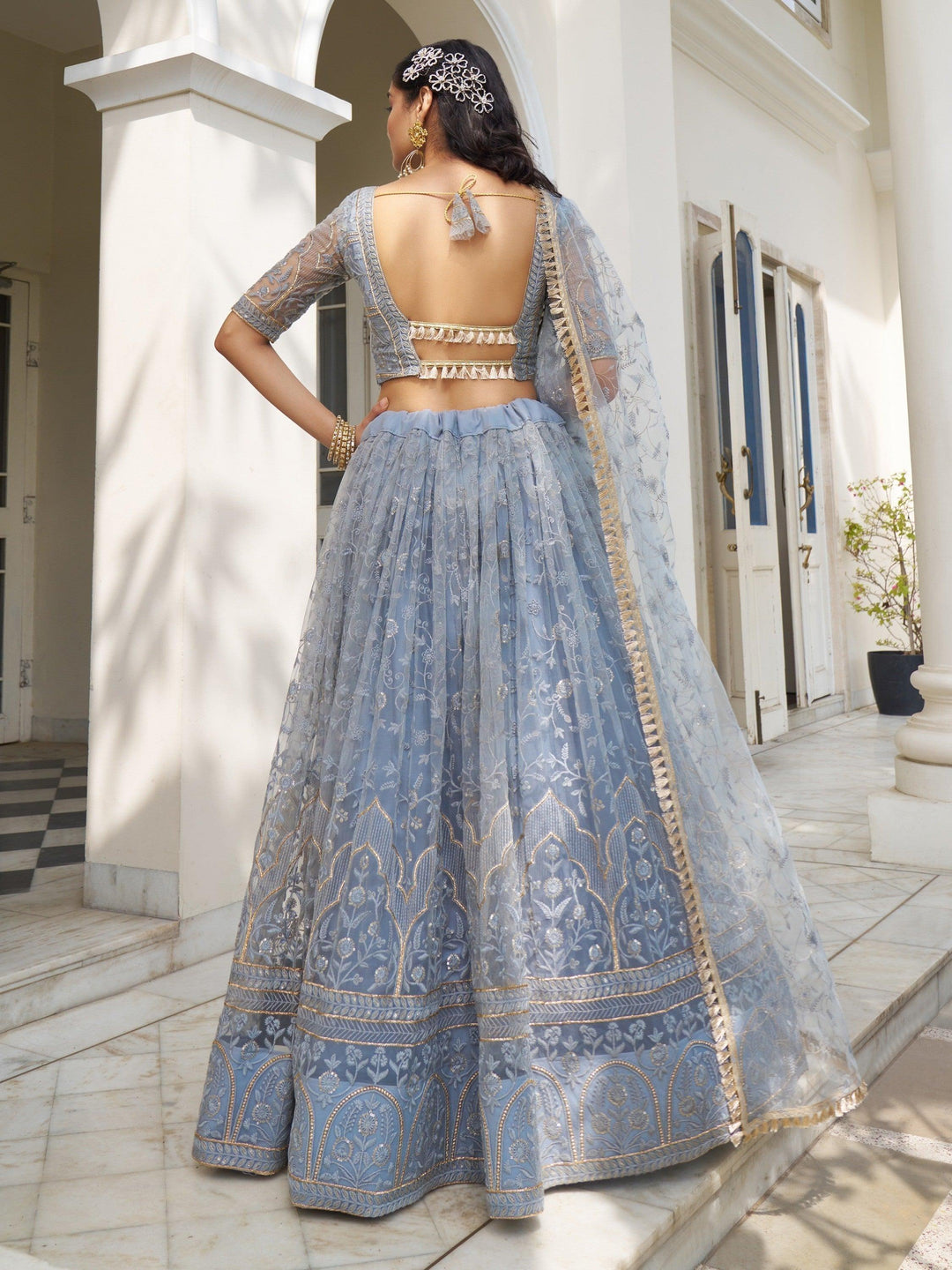 Beautiful Light Blue Lehenga | Net Lehenga Choli with Thread Work & Lace