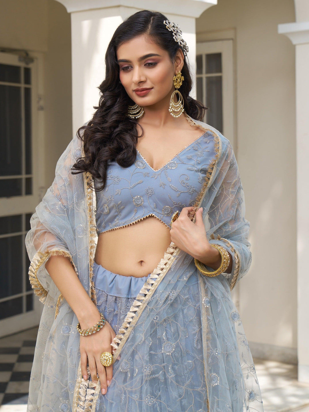 Beautiful Light Blue Lehenga | Net Lehenga Choli with Thread Work & Lace