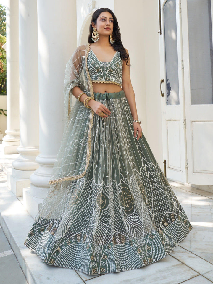 Dusty Green Thread Work Lehenga | Bridesmaid Net Lehenga Choli Set