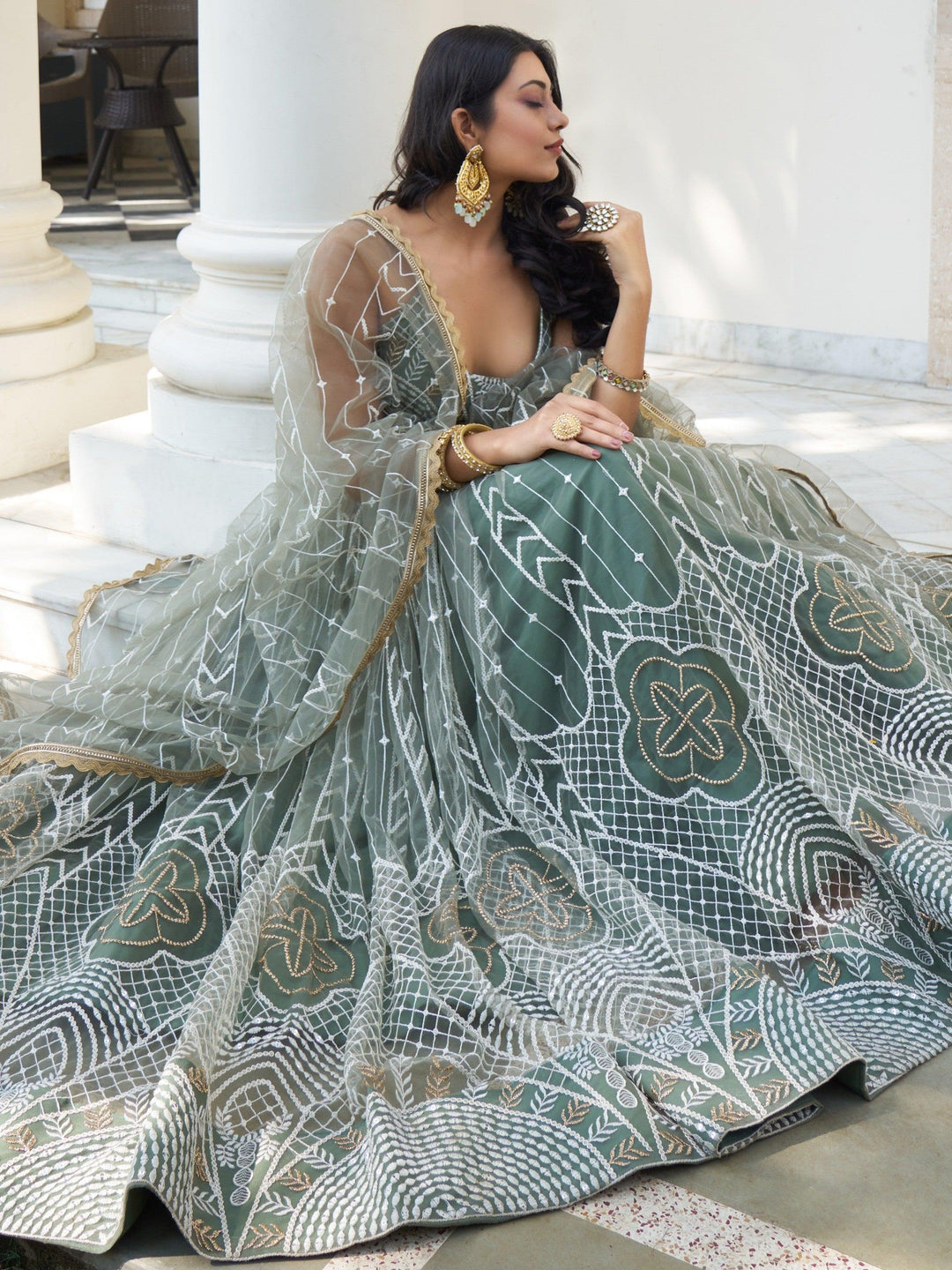 Dusty Green Thread Work Lehenga | Bridesmaid Net Lehenga Choli Set