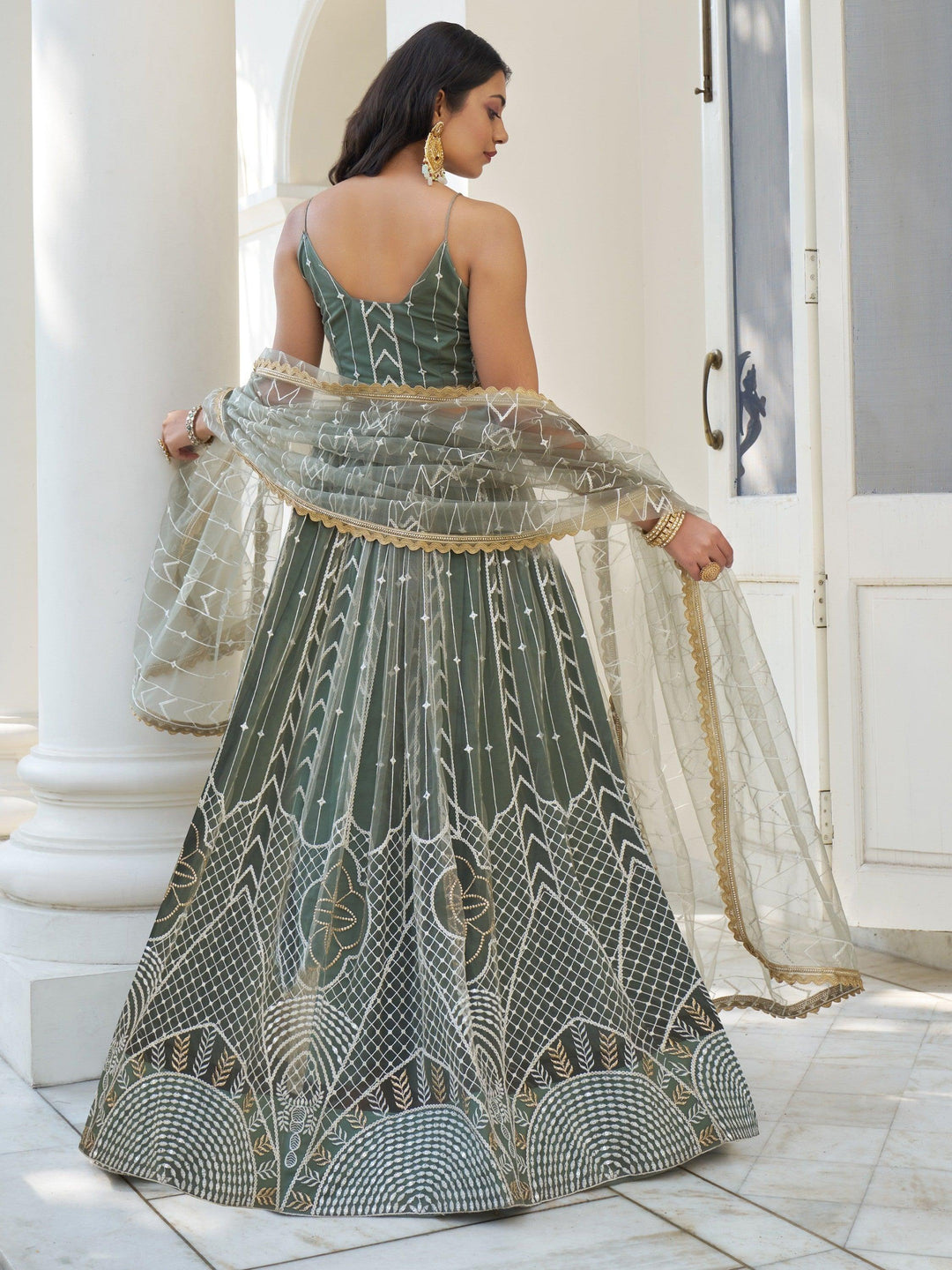 Dusty Green Thread Work Lehenga | Bridesmaid Net Lehenga Choli Set