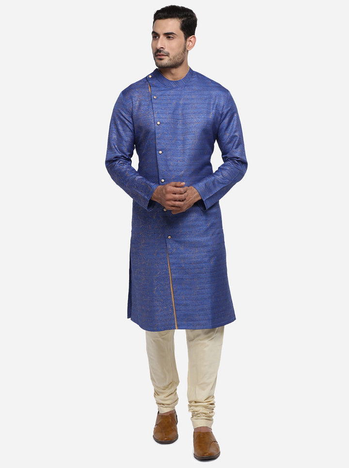 Stylish cobalt blue and golden kurta set, perfect for showcasing your ethnic style.