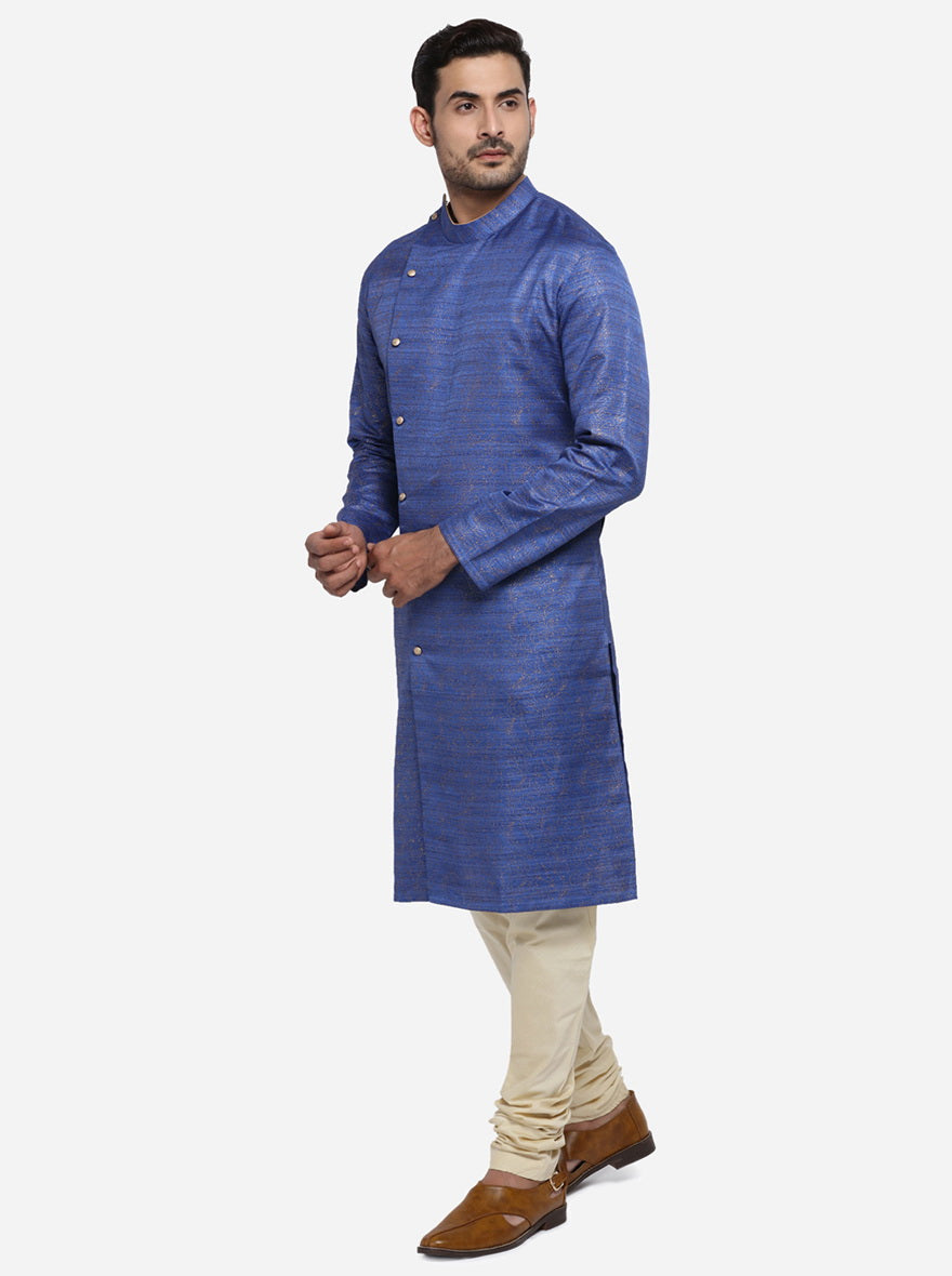 Elegant cobalt blue and golden kurta set, ideal for enhancing your ethnic collection.