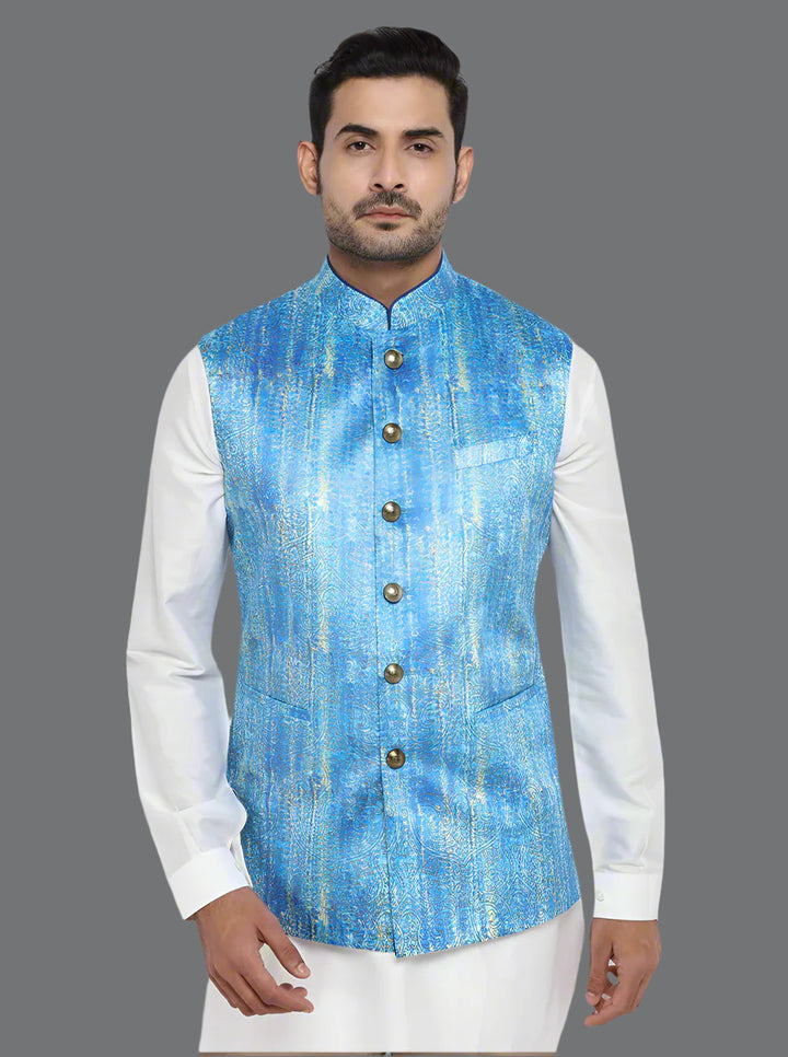 Stylish self-design ocean blue waistcoat crafted from Jacquard, tailored for comfort and sophistication at events.