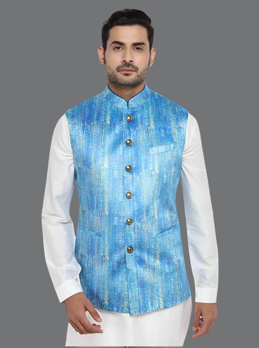 Stylish self-design ocean blue waistcoat crafted from Jacquard, tailored for comfort and sophistication at events.