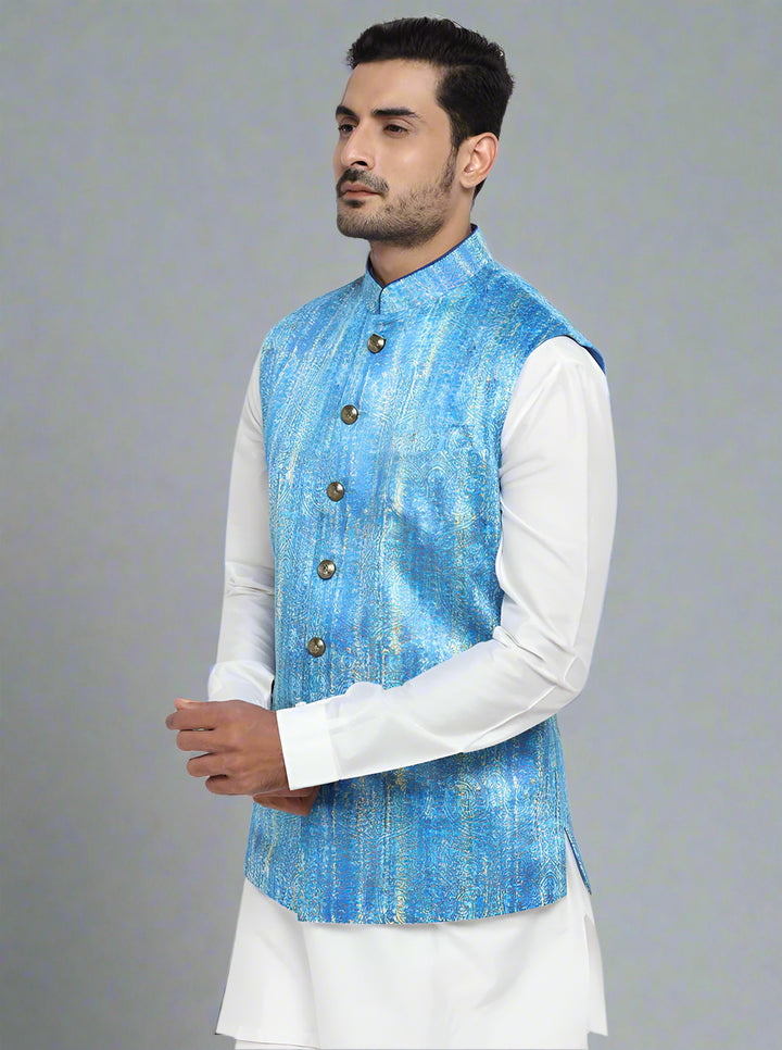 Elegant ocean blue Jacquard waistcoat featuring a self-design, perfect for adding a touch of luxury to your outfit.