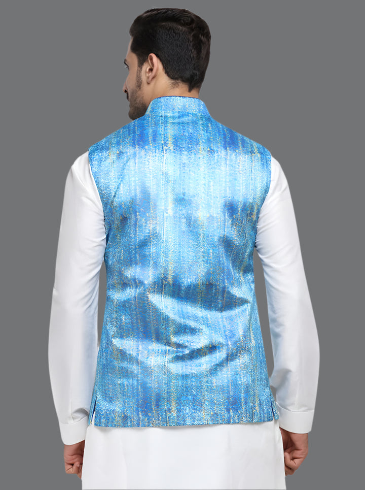 Self Design Sky Blue Bandhgala Jacket | Stylish Men's Formal Wear