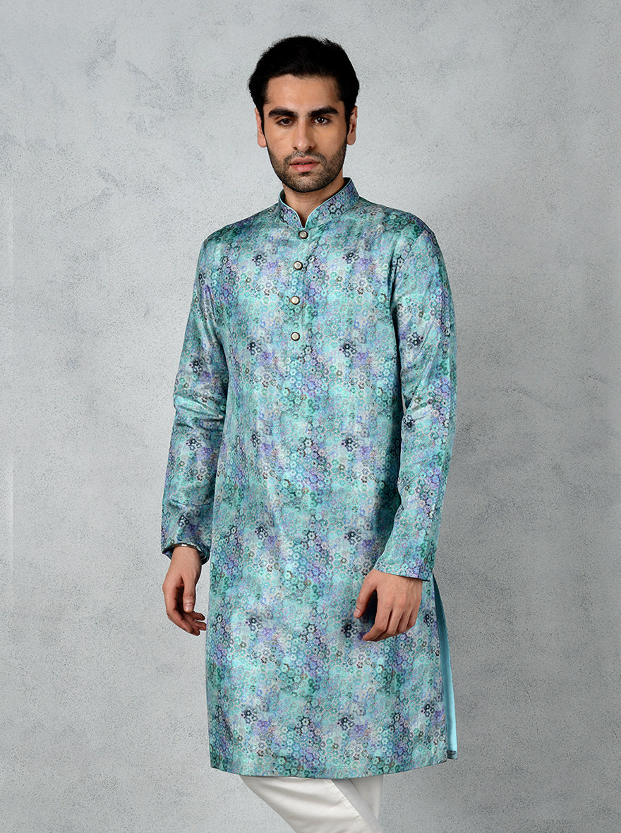 Men’s aqua blue tussar kurta pajama, perfect for USA traditional celebrations.