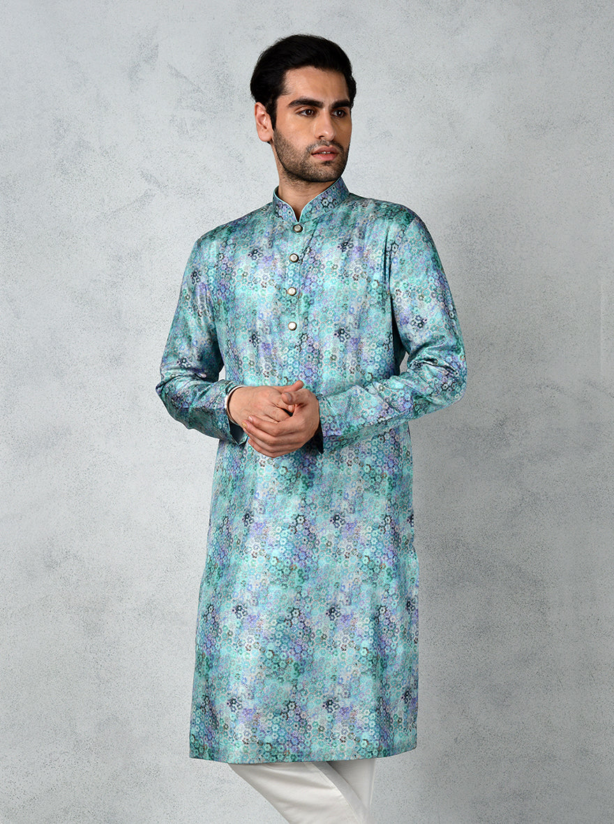 Casual yet stylish aqua blue tussar silk kurta, ideal for USA men’s celebrations.