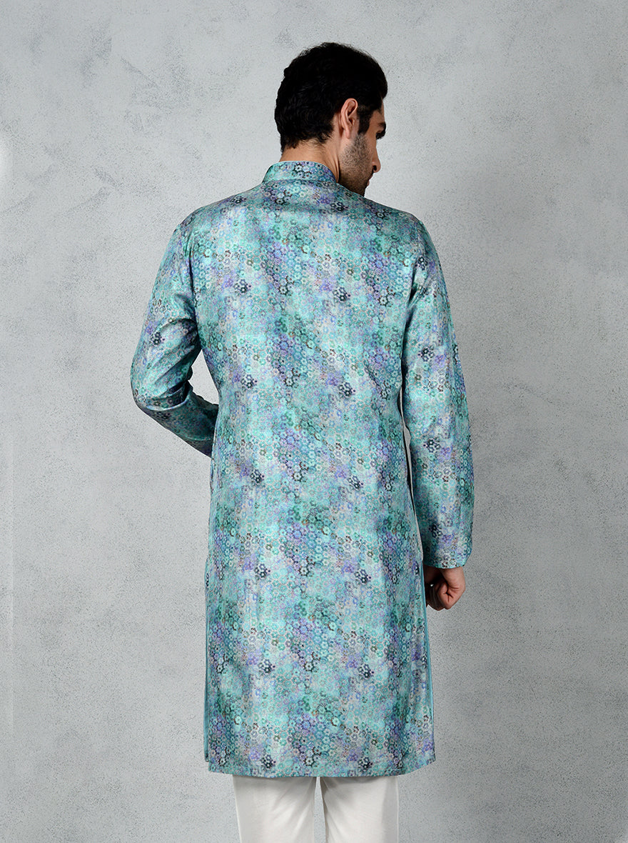 USA-ready aqua blue kurta pajama for men, crafted from tussar silk for comfort.