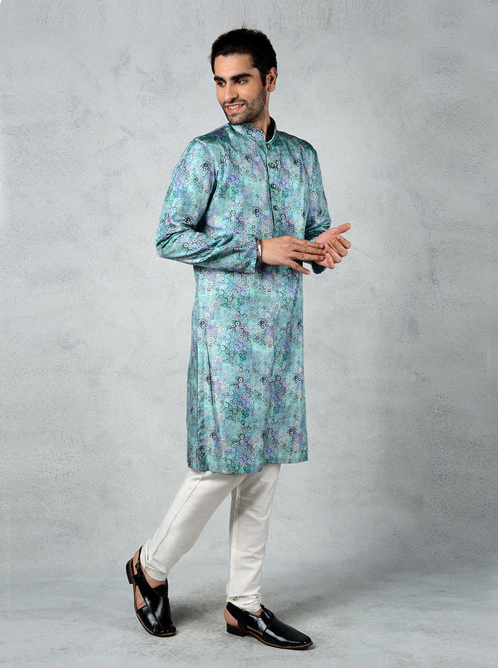 Tussar silk aqua blue kurta, a stylish choice for USA men’s festive attire.