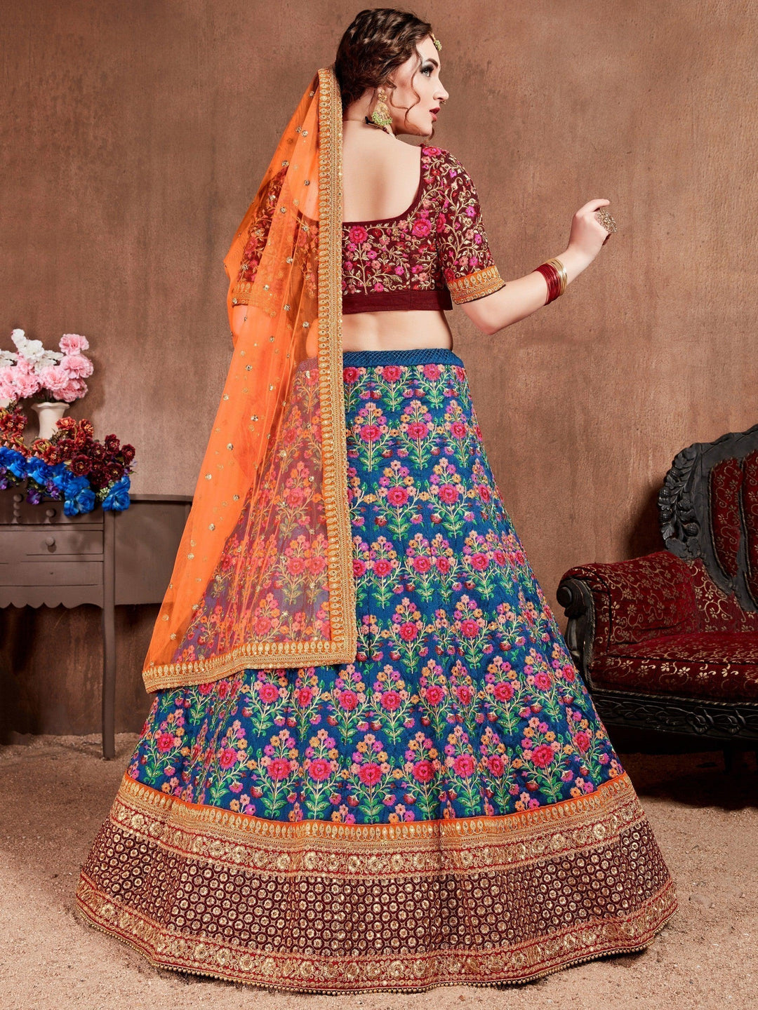 Blue Embroidered Lehenga Choli | Mulberry Silk with Dori & Sequin Work